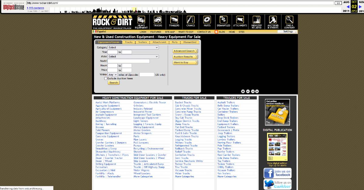 Screenshot of the Rock and Dirt website homepage in 2012