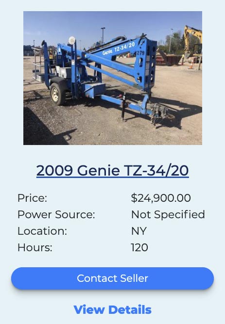 The oldest towable boom lift for sale on FleetNow is a 2009 Genie TZ-34/20